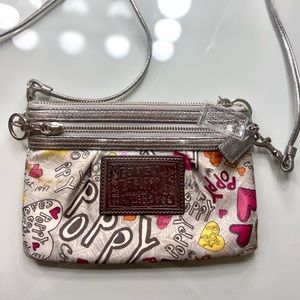 Coach Graffiti Poppy Heart Silver sateen Cloth Small Cross Body Bag